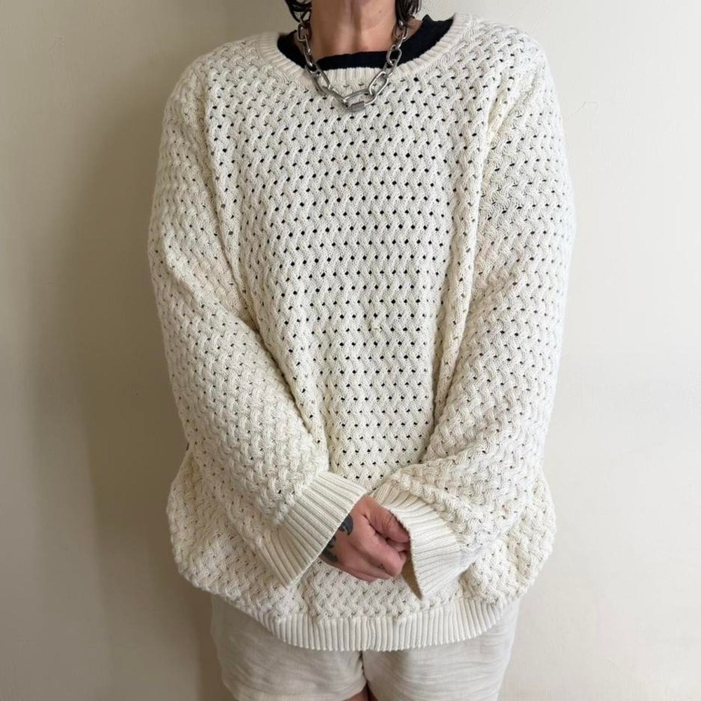 Venus open knit side snap sweater cream oversized chunky cotton blend womens 3X